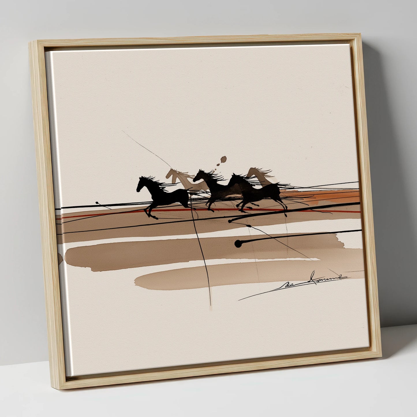 Thundering Shadows wild horses canvas wall art in natural frame