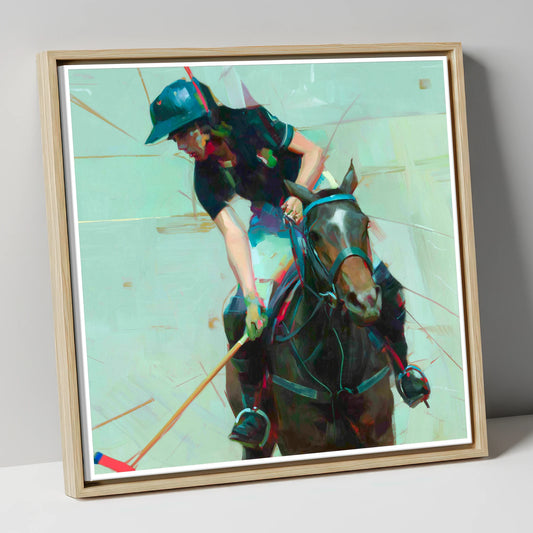 Mid-Match Focus polo horse canvas wall art in natural frame
