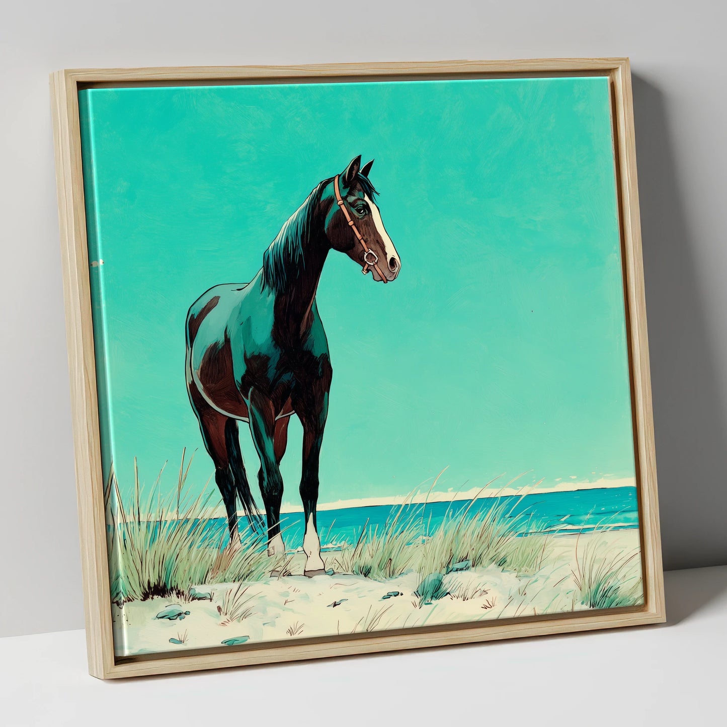 Teal Coastal Vigil horse landscape canvas wall art in natural frame
