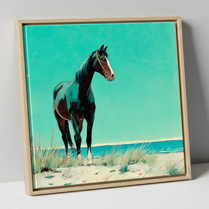 Teal Coastal Vigil horse landscape canvas wall art in natural frame