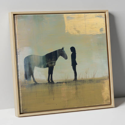 Silent Communion horse & rider canvas wall art in natural frame