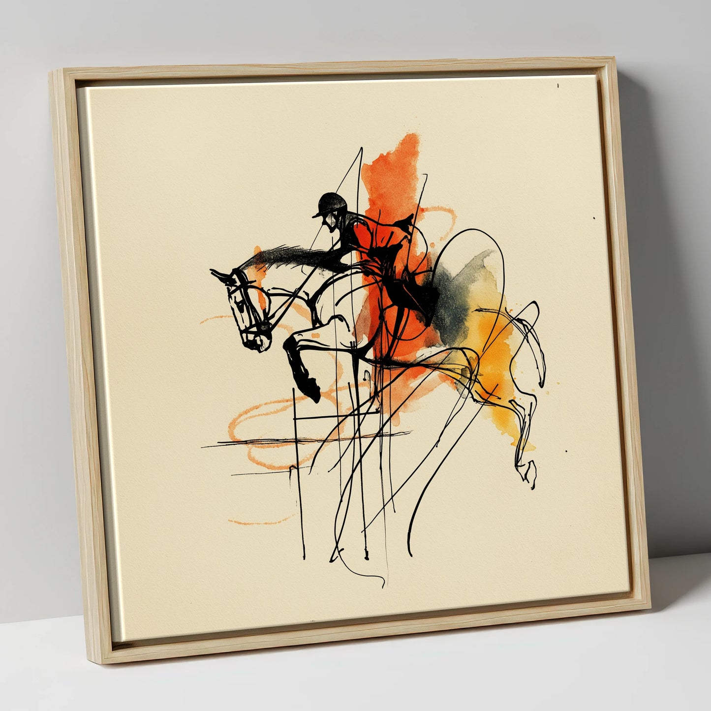 Fluidity in Flight show jumping horse canvas wall art in natural frame
