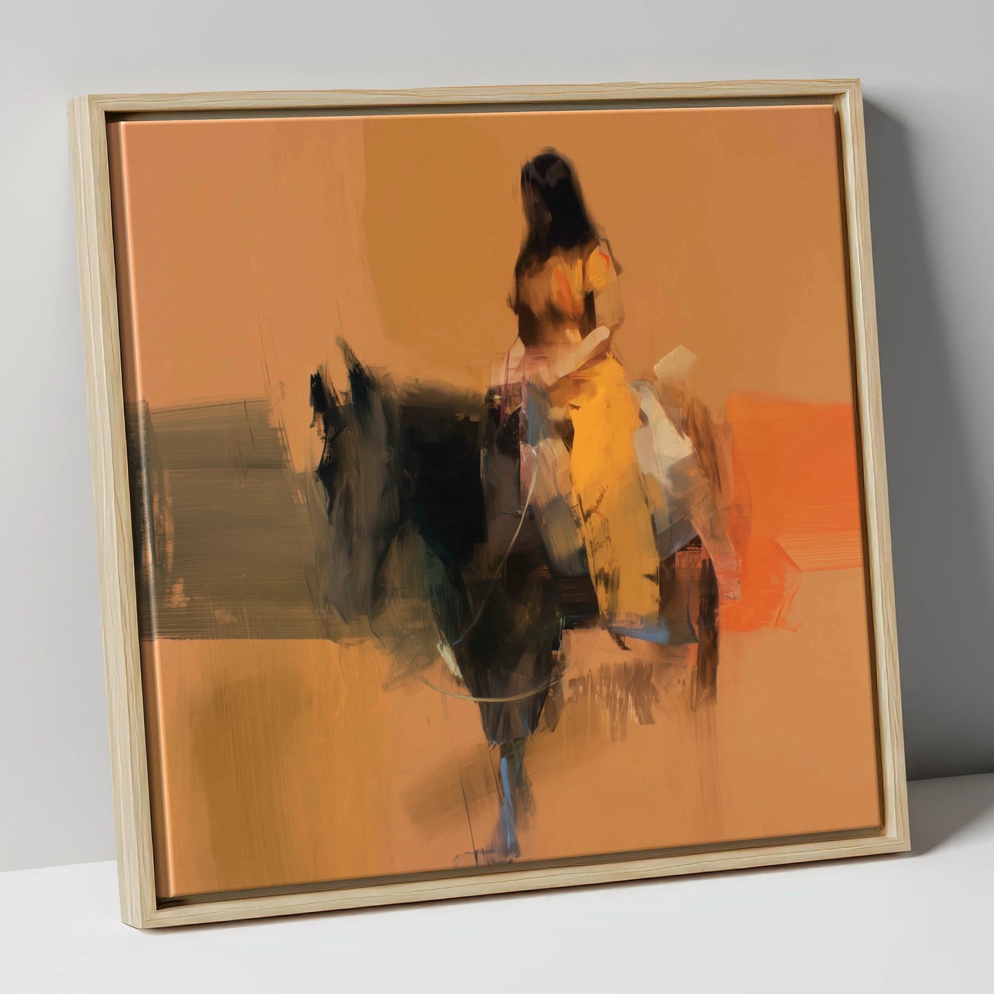 Ochre Rider horse & rider canvas wall art in natural frame