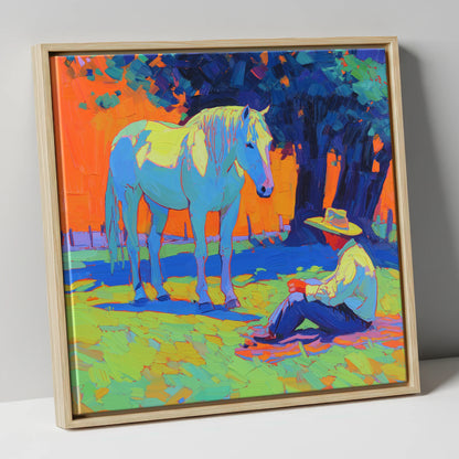 Vibrant Sunset Companion horse & rider canvas wall art in natural frame