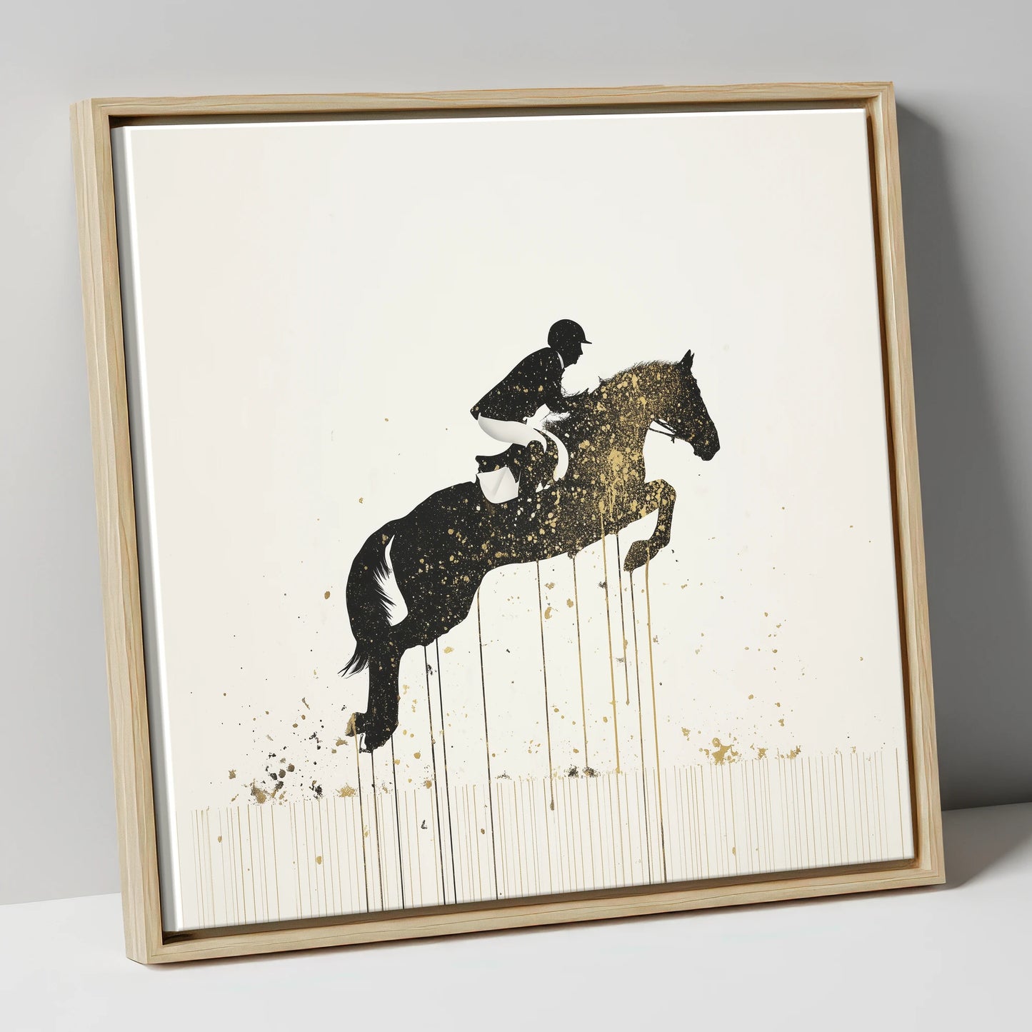Suspended in Gold show jumping horse canvas wall art in natural frame