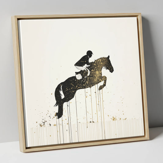 Black and Gold Show Jumper show jumping horse canvas wall art in natural frame