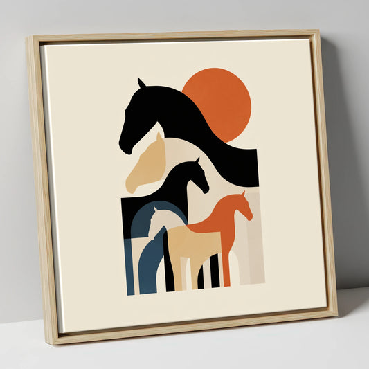 Retro Equine Silhouettes wild horses canvas wall art in natural frame