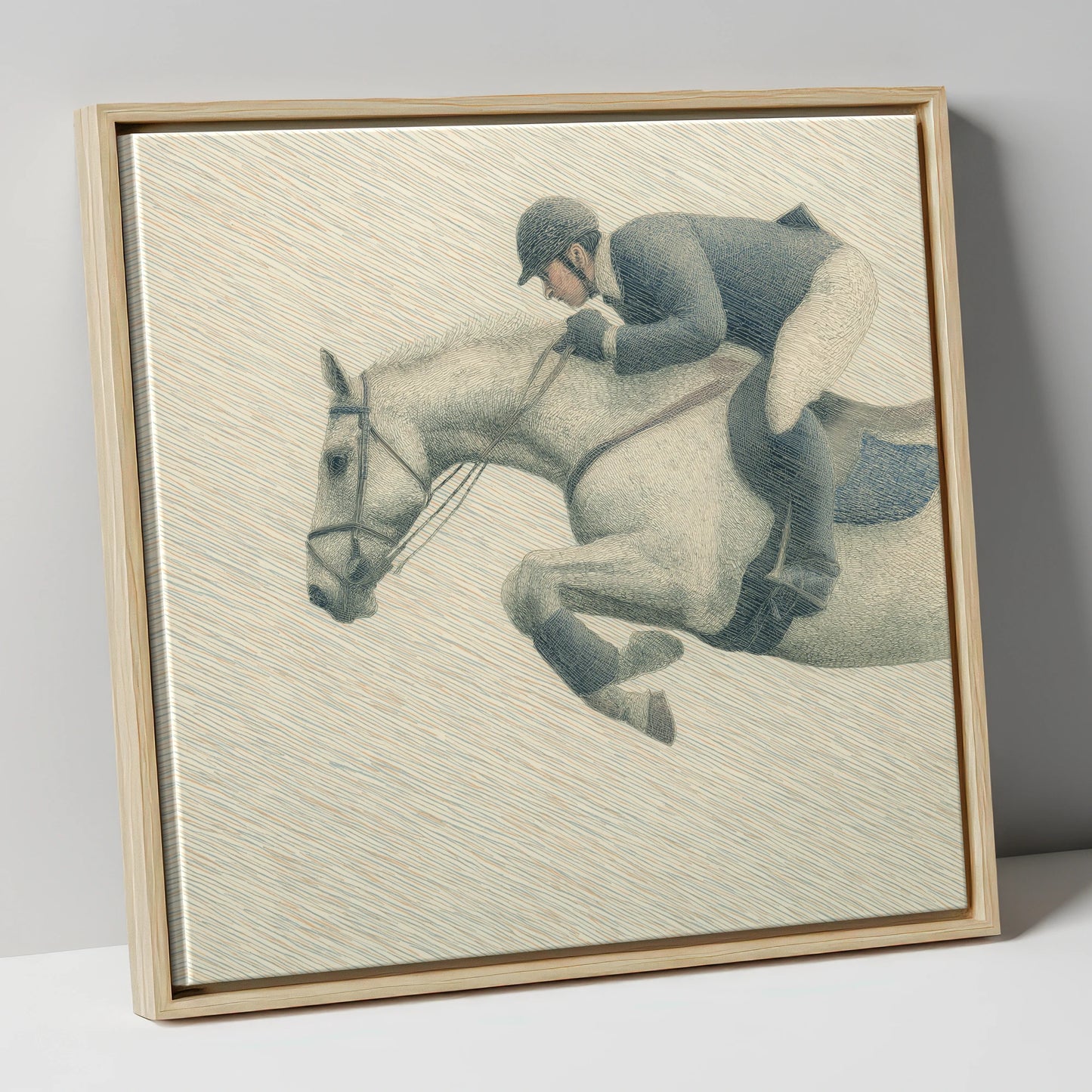 Structured Flight show jumping horse canvas wall art in natural frame