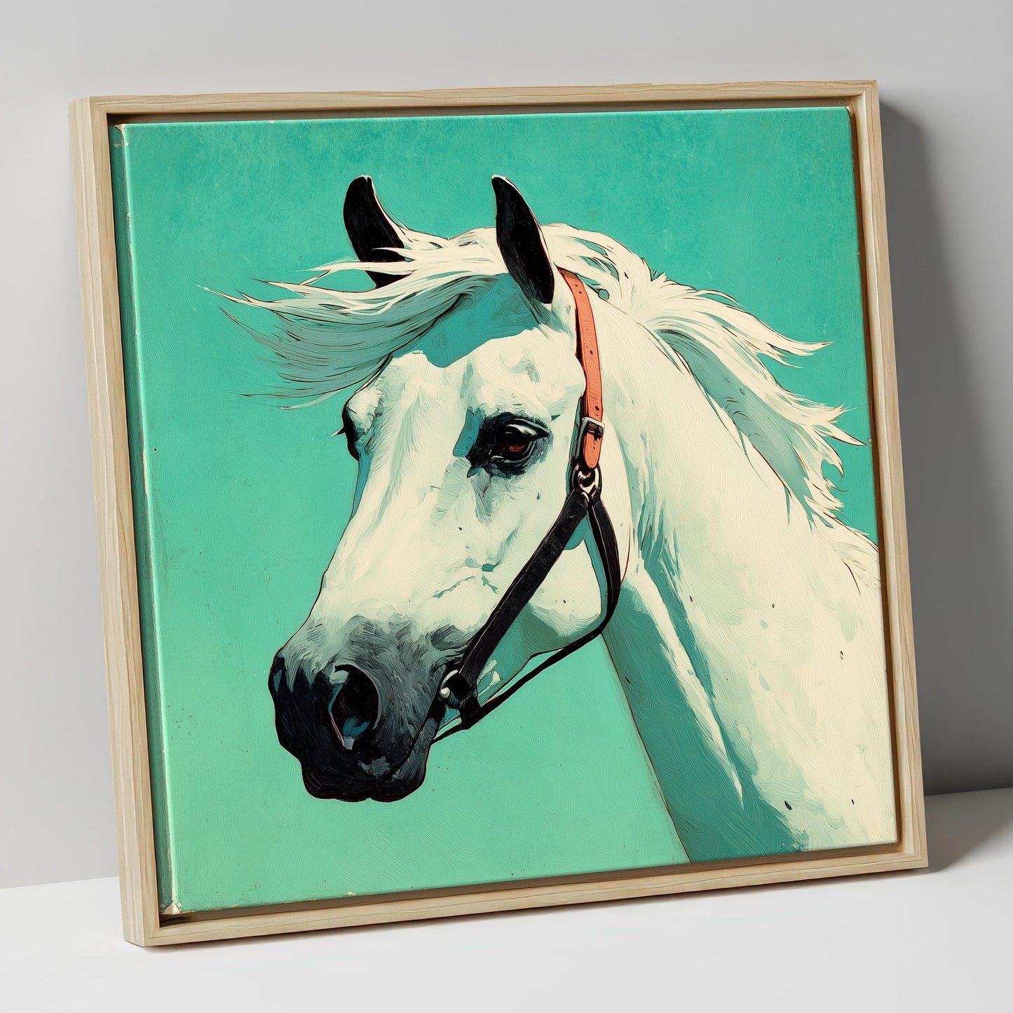 The Vivid Grey horse breed canvas wall art in natural frame
