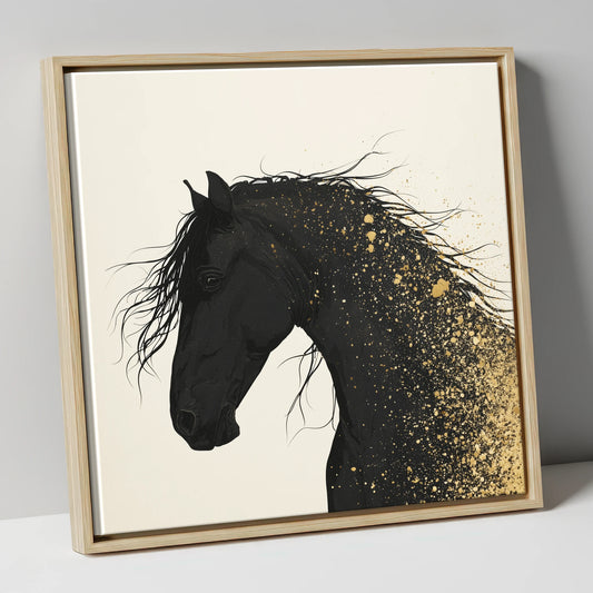 Gilded Midnight horse breed canvas wall art in natural frame