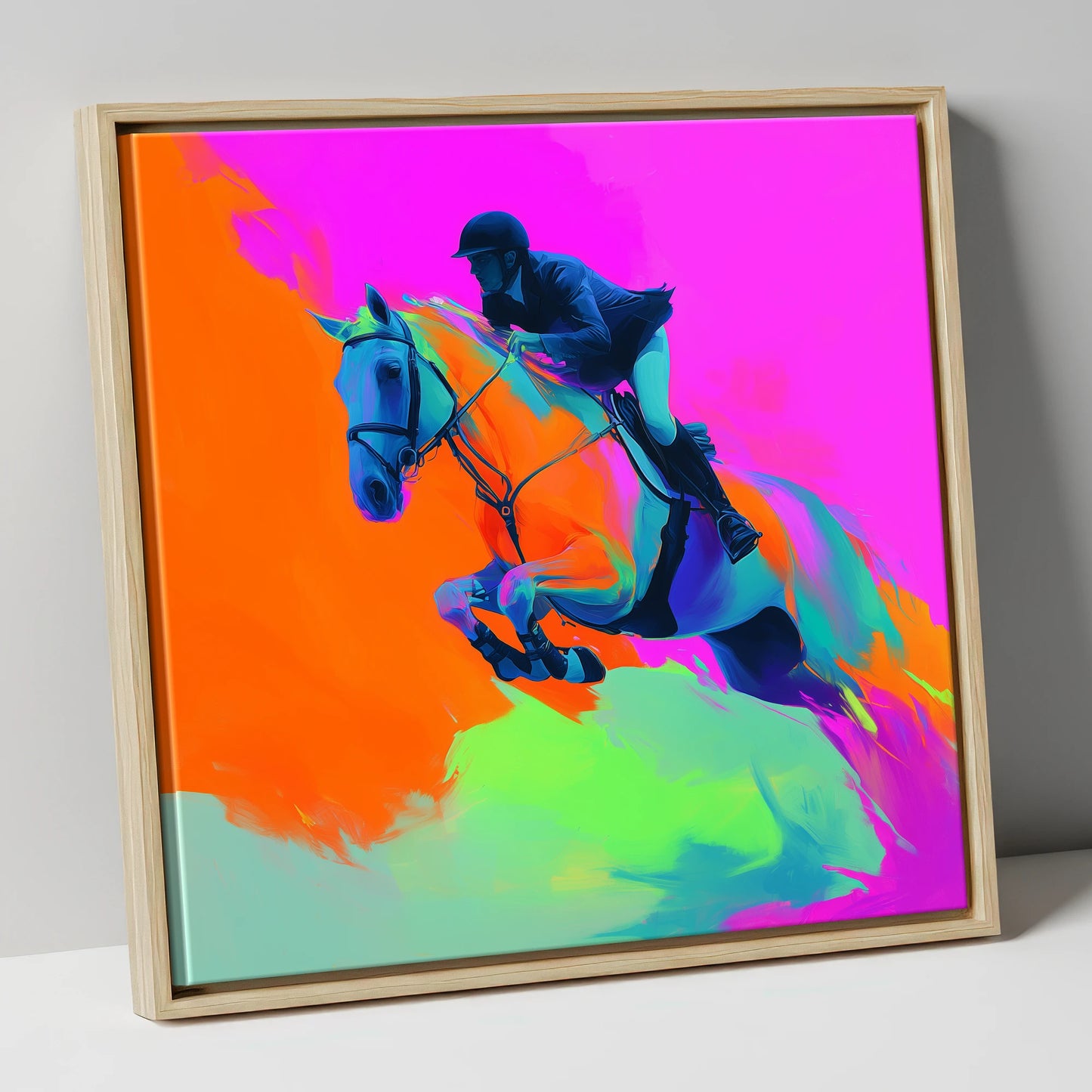 Technicolour Flight show jumping horse canvas wall art in natural frame