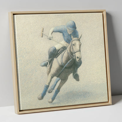 The Slate Blue Chukka polo horse canvas wall art in natural frame