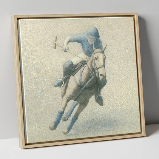 The Slate Blue Chukka polo horse canvas wall art in natural frame