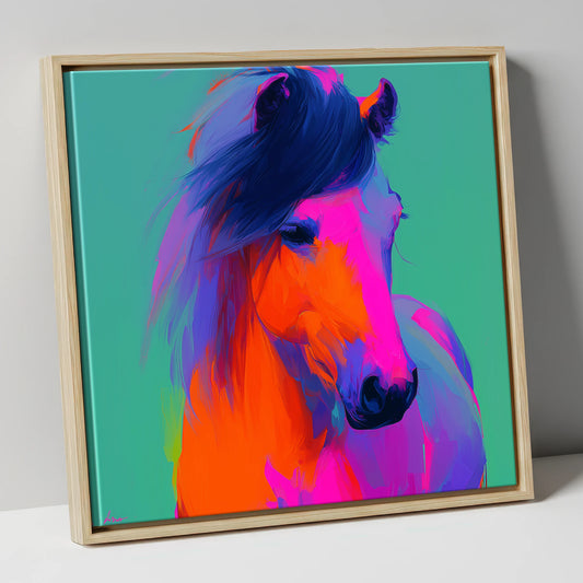 Neon Equine Spirit horse breed canvas wall art in natural frame