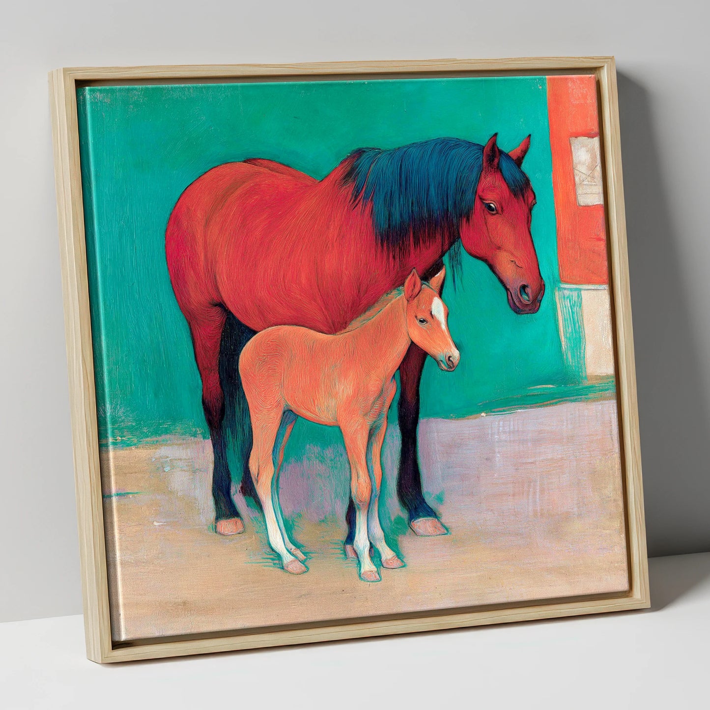 Crimson Mare and Foal mare & foal canvas wall art in natural frame