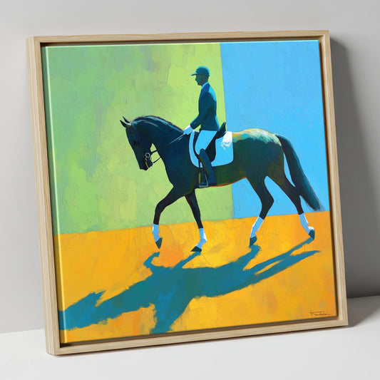 Precision in Sunlight dressage horse canvas wall art in natural frame