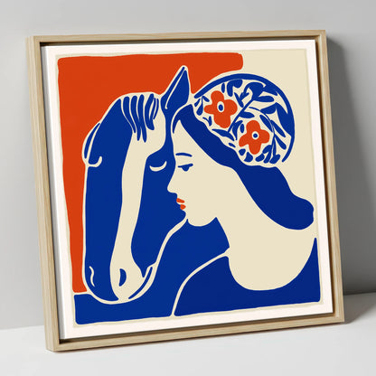 Cobalt Equine Bond horse & rider canvas wall art in natural frame
