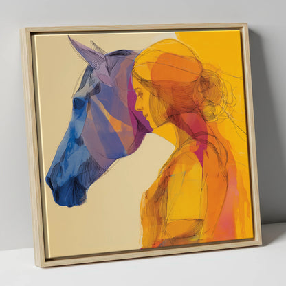 Vibrant Bond horse & rider canvas wall art in natural frame