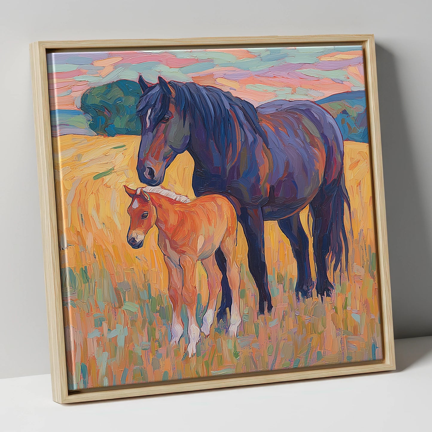 Vibrant Bond Mare and Foal mare & foal canvas wall art in natural frame