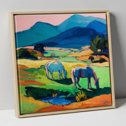Painted Valley Grazing horse landscape canvas wall art in natural frame