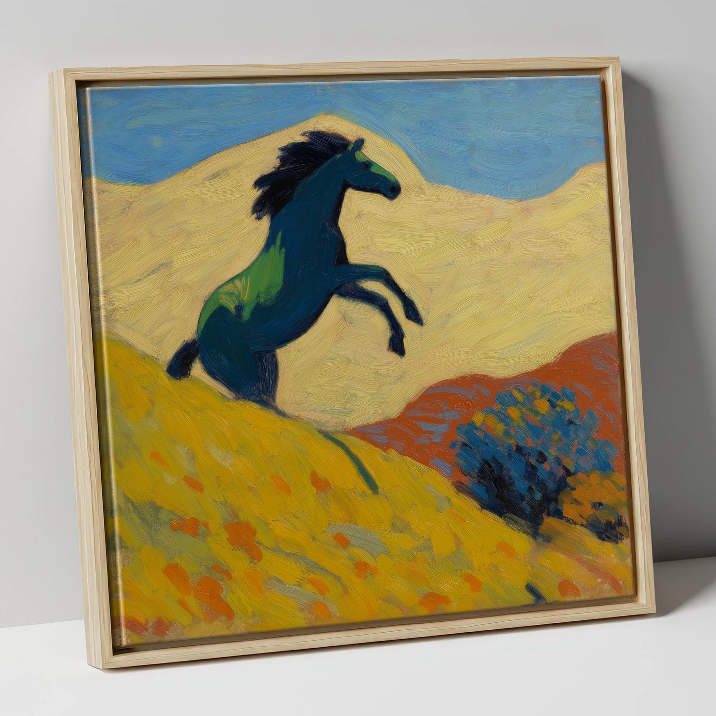 Rearing Indigo wild horses canvas wall art in natural frame