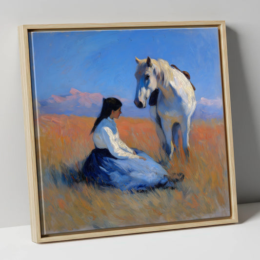 Golden Hour Companions horse & rider canvas wall art in natural frame