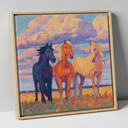 Three Under Painted Skies horse landscape canvas wall art in natural frame