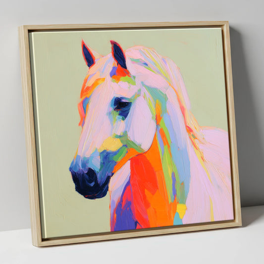 Vibrant Multicoloured Horse Portrait horse breed canvas wall art in natural frame