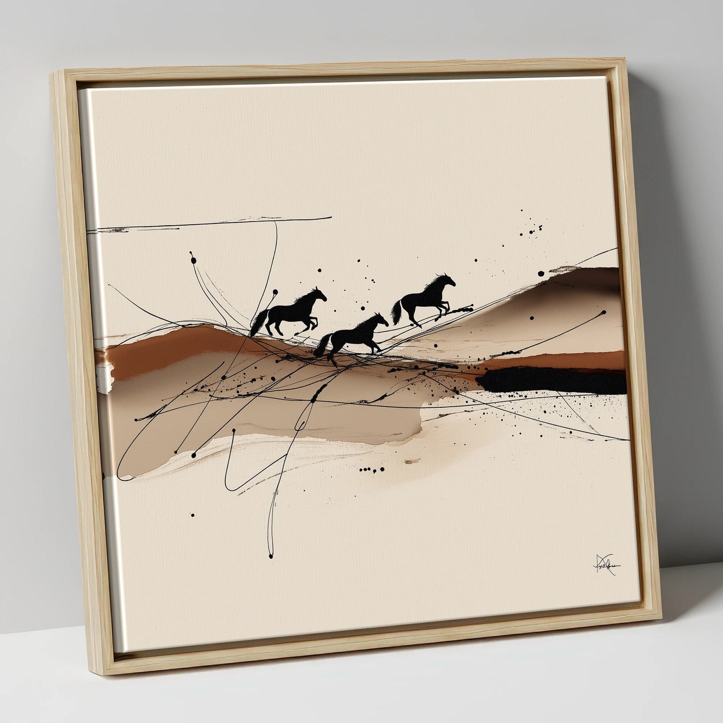Abstract Sepia Gallop wild horses canvas wall art in natural frame