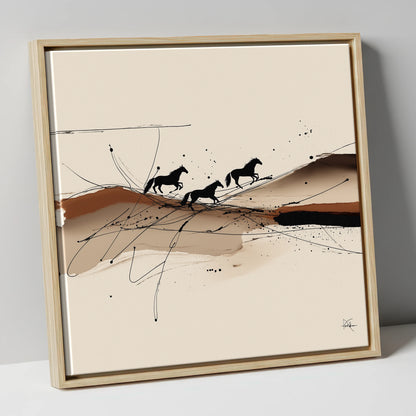 Abstract Sepia Gallop wild horses canvas wall art in natural frame