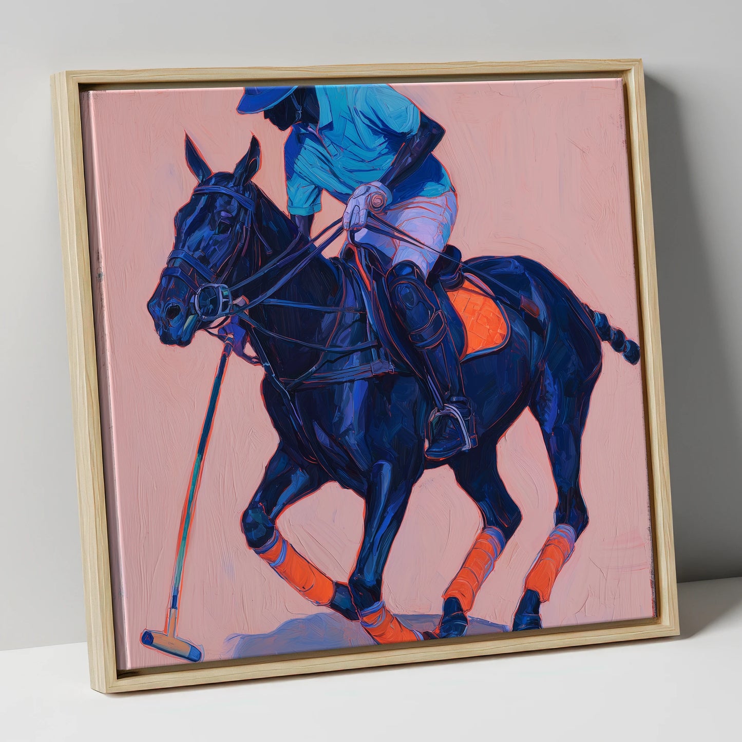 The Indigo Strike polo horse canvas wall art in natural frame