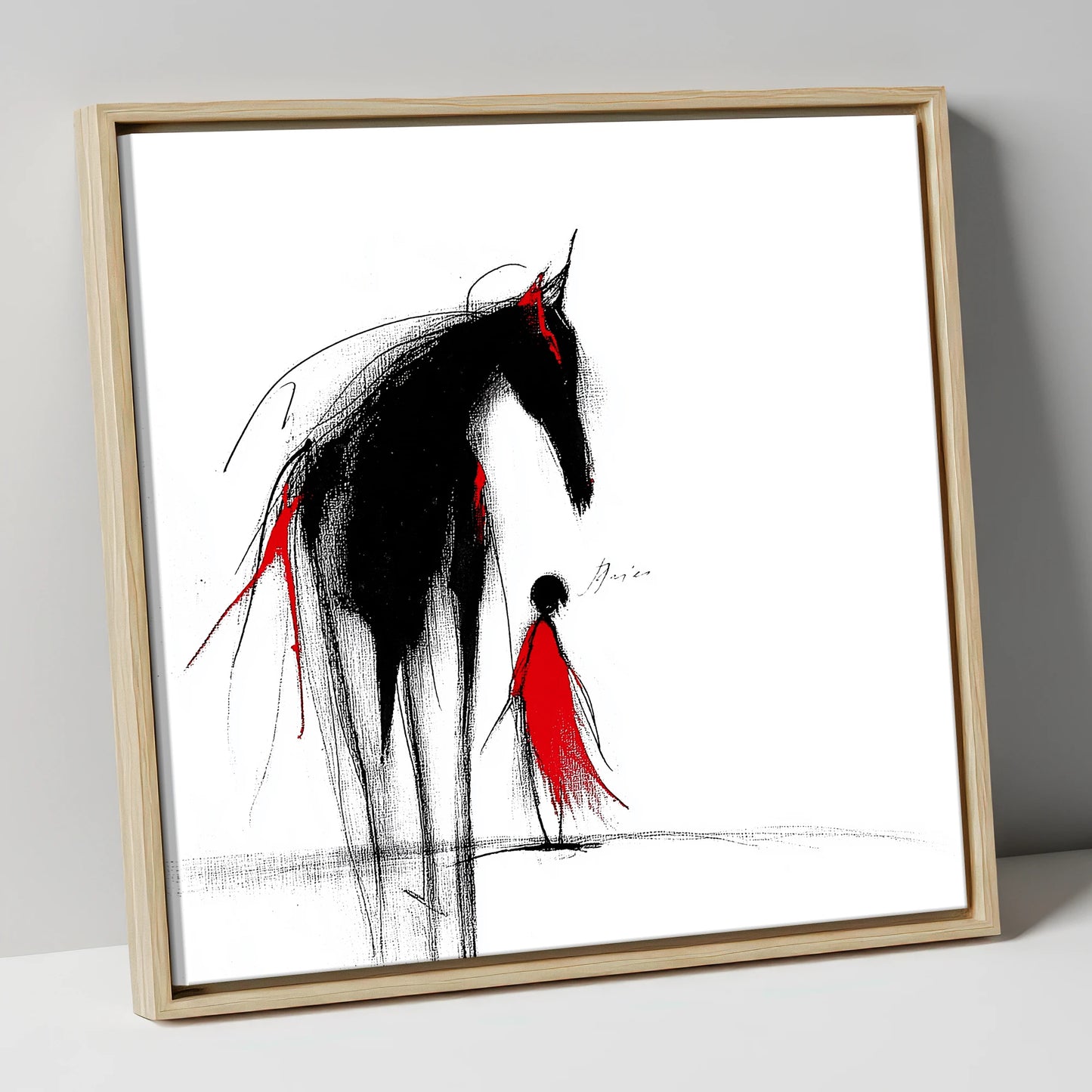 Crimson Silhouette horse & rider canvas wall art in natural frame