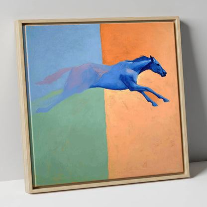 Cobalt Stretch racing horse canvas wall art in natural frame