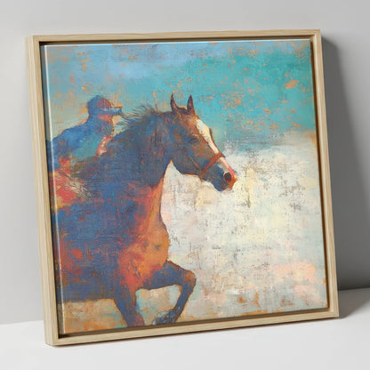 Echoes of the Turf racing horse canvas wall art in natural frame