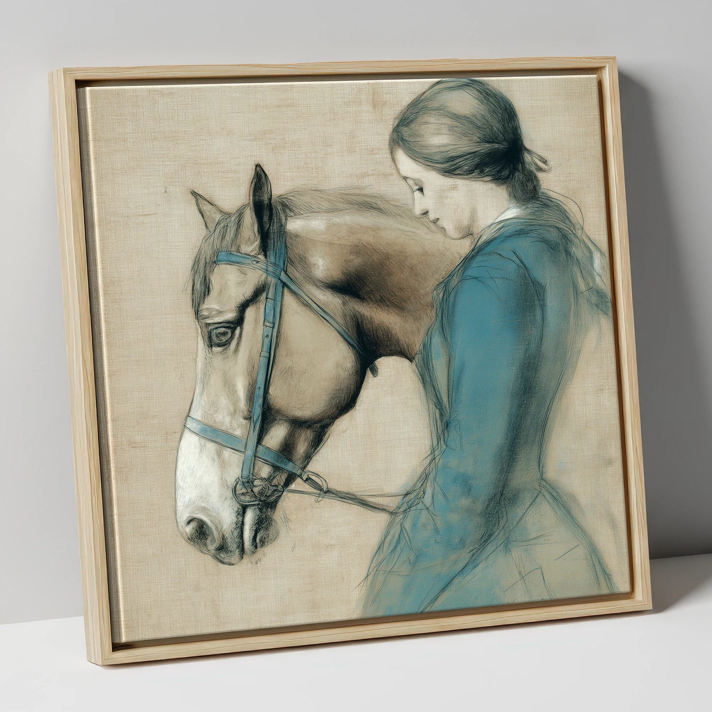 The Silent Bond horse & rider canvas wall art in natural frame