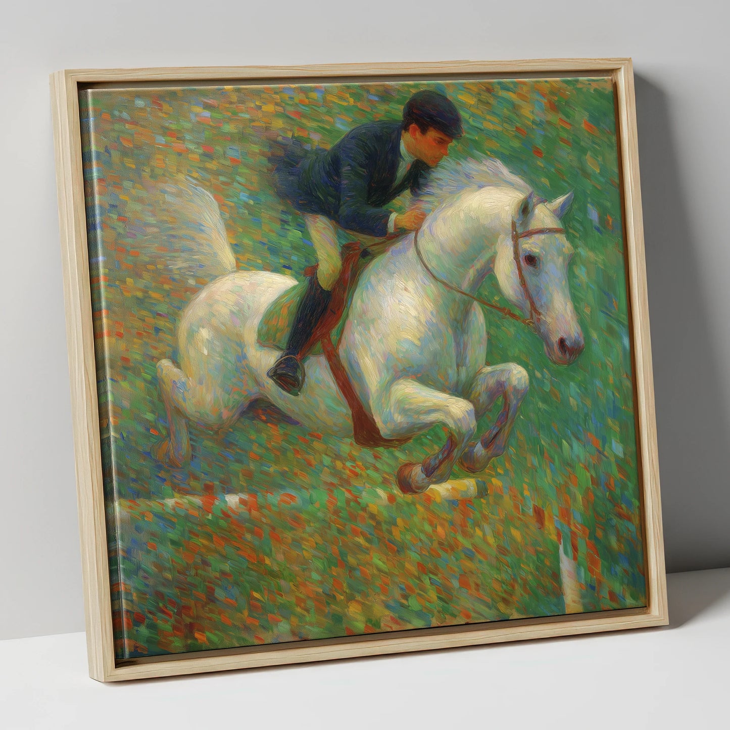 Luminous Jumping Grey show jumping horse canvas wall art in natural frame