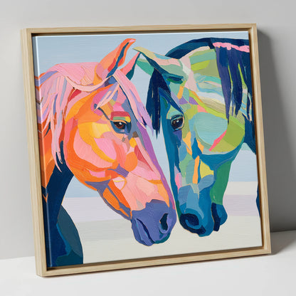 Vibrant Equine Connection horse portrait canvas wall art in natural frame