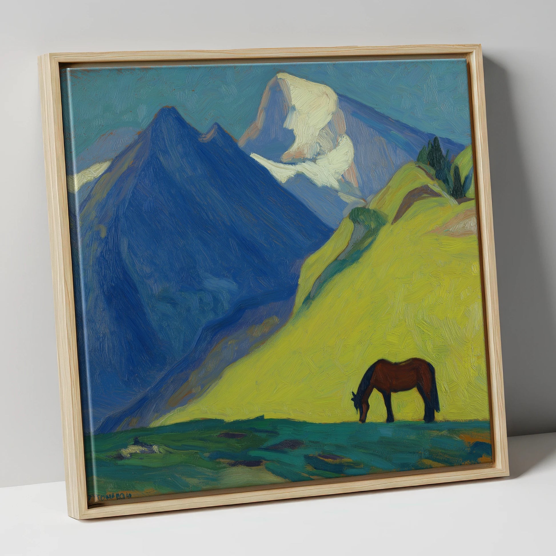 Blue Mountain Pasture horse landscape canvas wall art in natural frame