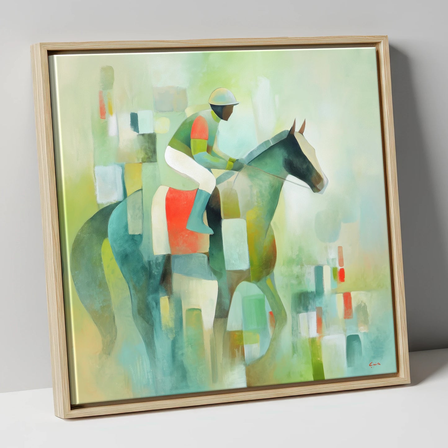 Serene Racing Geometry racing horse canvas wall art in natural frame