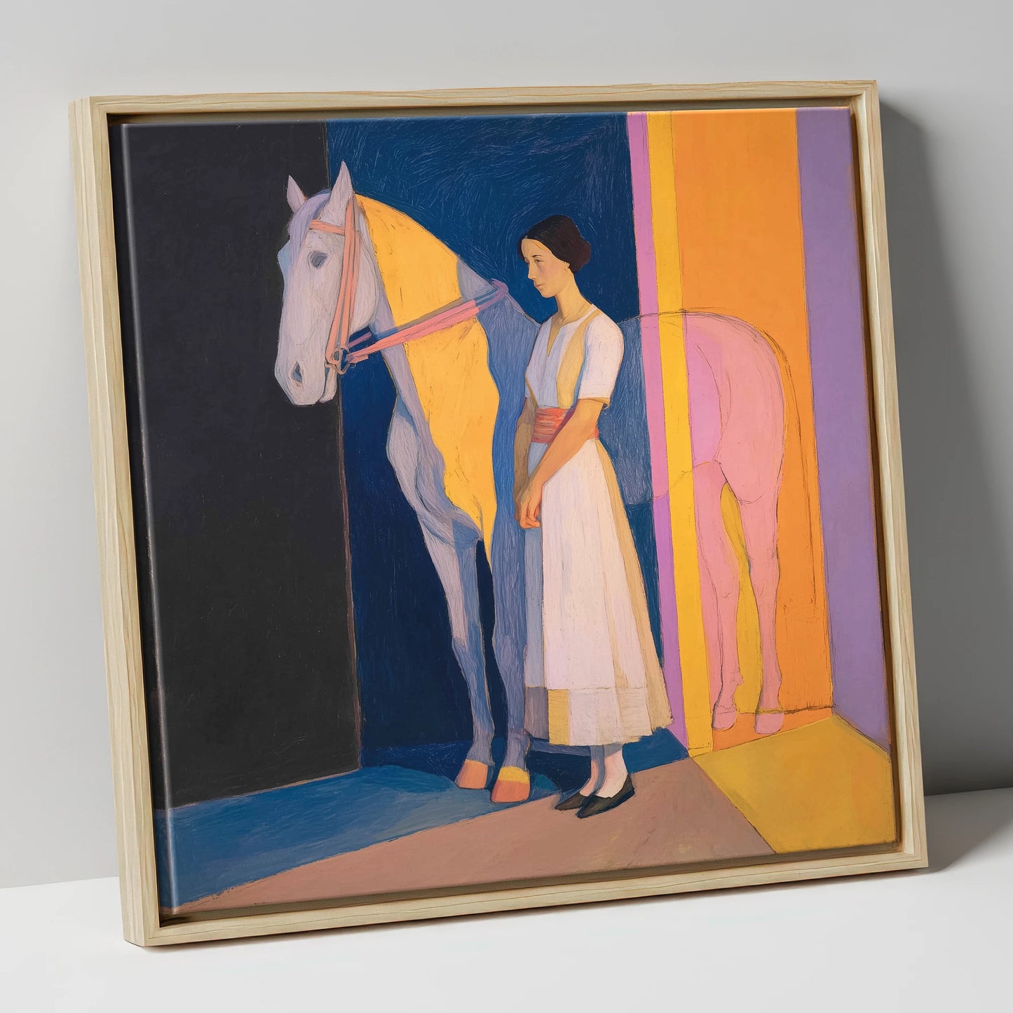 Modernist Equine Harmony horse & rider canvas wall art in natural frame