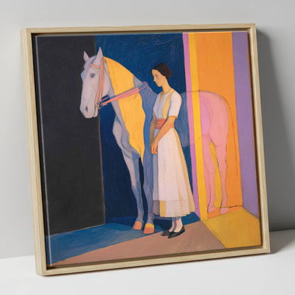 Modernist Equine Harmony horse & rider canvas wall art in natural frame
