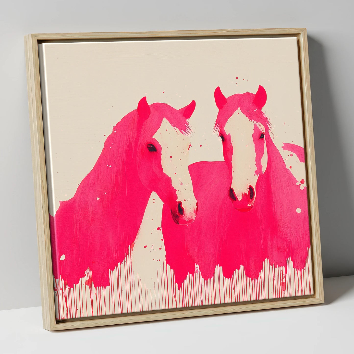 Vivid Magenta Pair horse landscape canvas wall art in natural frame
