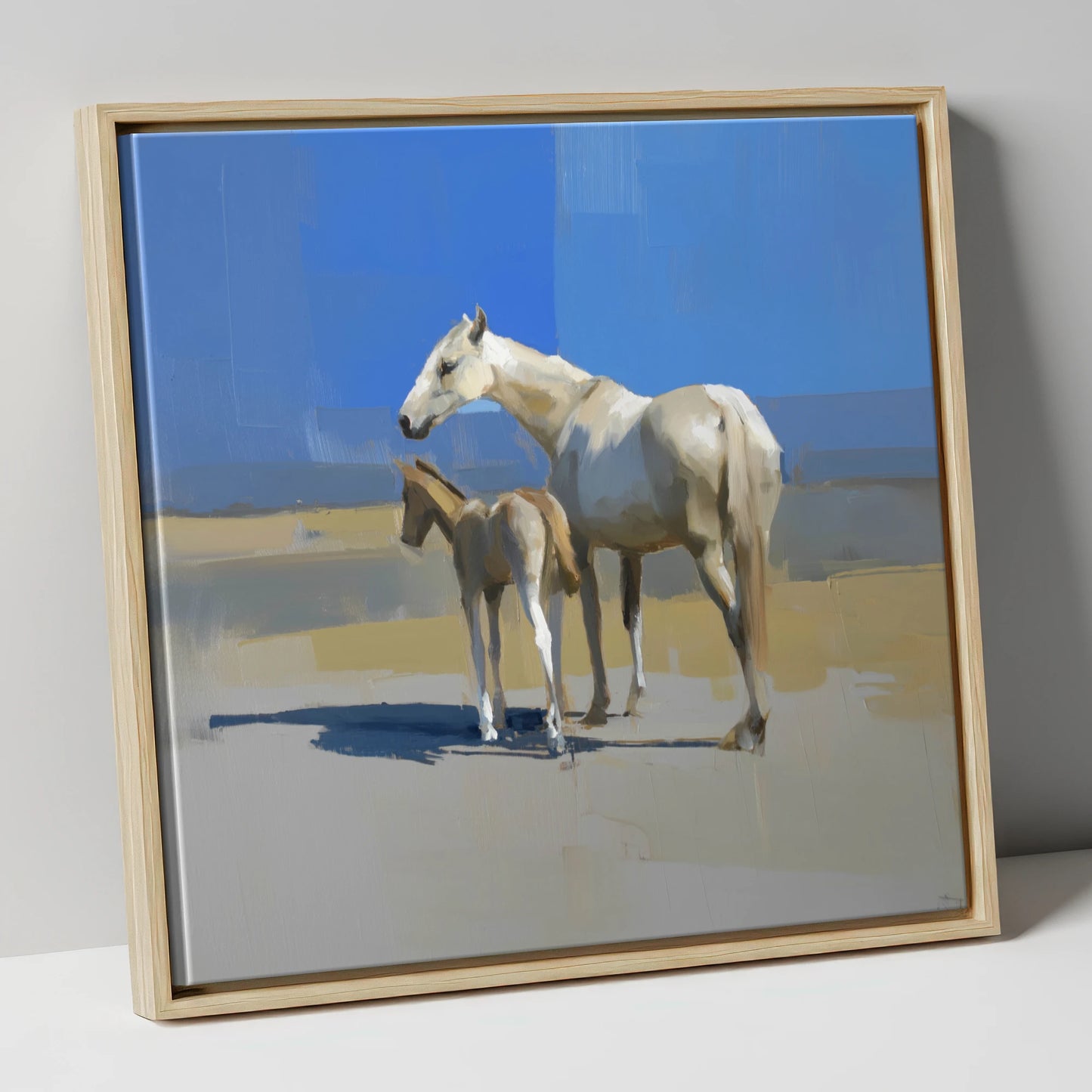 Under the Azure Sky mare & foal canvas wall art in natural frame