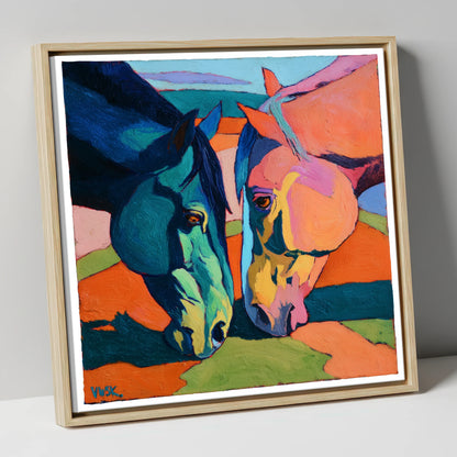 Vibrant Companions horse portrait canvas wall art in natural frame