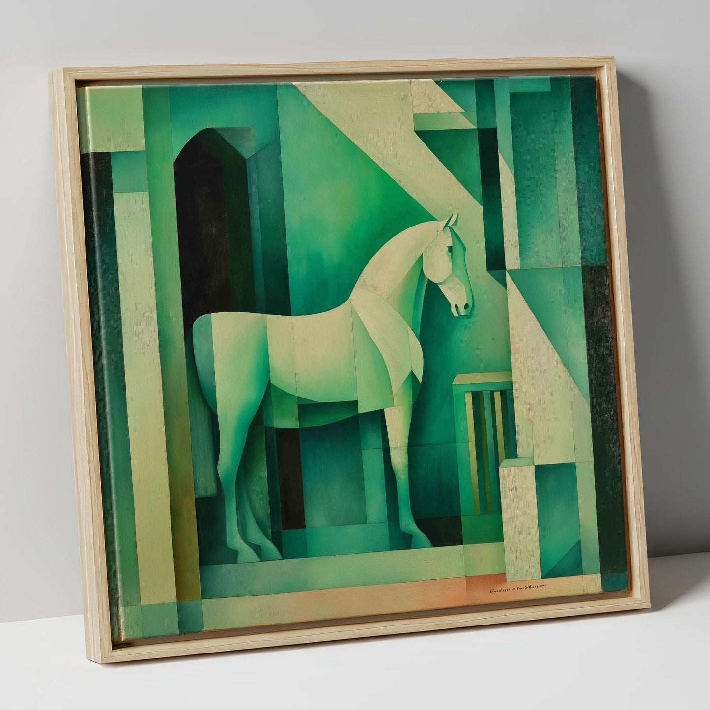 Emerald Stall Geometry horse stable canvas wall art in natural frame