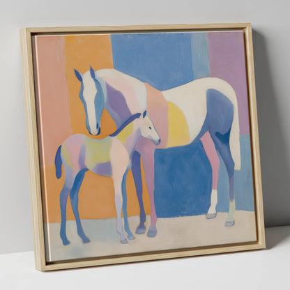 Geometric Equine Harmony mare & foal canvas wall art in natural frame