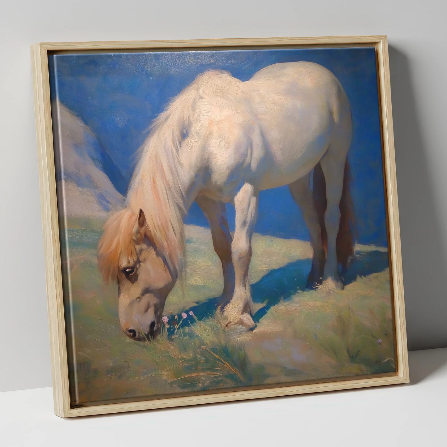 Sunlit Grazing horse breed canvas wall art in natural frame
