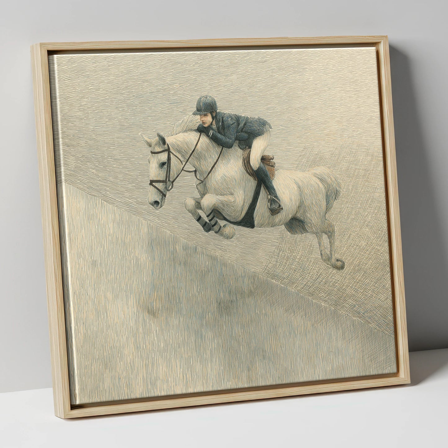 Suspended in Flight show jumping horse canvas wall art in natural frame