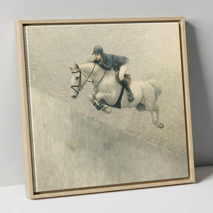 Suspended in Flight show jumping horse canvas wall art in natural frame