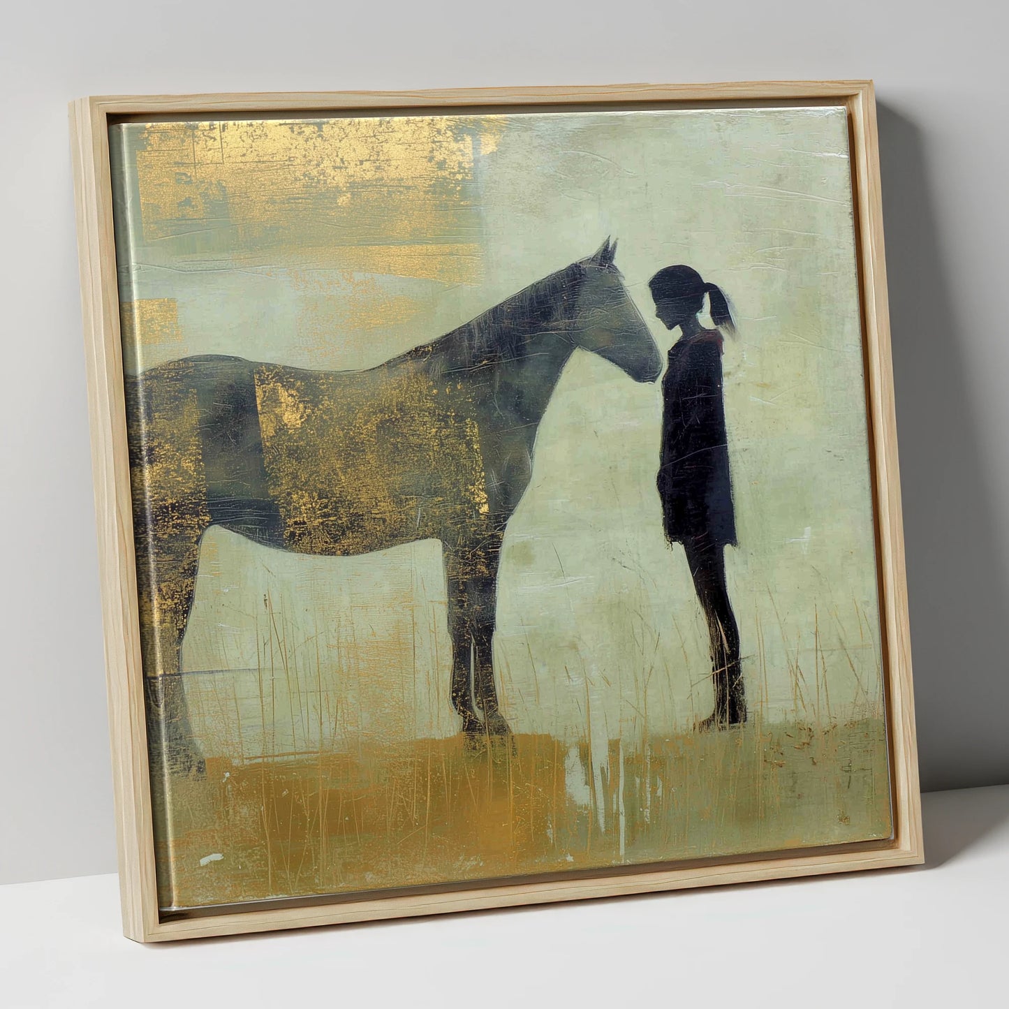 The Golden Bond horse & rider canvas wall art in natural frame